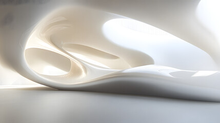 Poster - Futuristic white sculpture with a curved body and geometric design on a simple background
