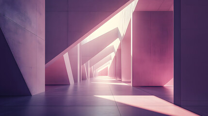 Poster - Long hallway with pink walls illuminated by light streaming through an opening