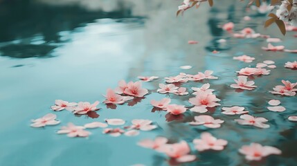 Poster - A serene lake with cherry blossoms floating on the surface