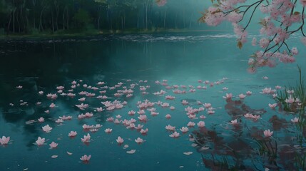 Poster - A serene lake with cherry blossoms floating on the surface