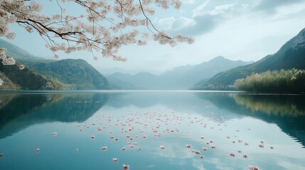 Wall Mural - A serene lake with cherry blossoms floating on the surface. --ar 16:9 --style raw --v 6.1 Job ID: 8045b424-9269-4e60-8ca3-15a3f46b4012