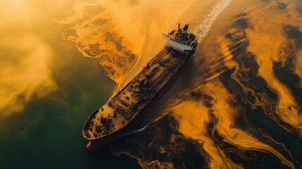 Poster - A ship sailing through an ocean of liquid gold at sunset. --ar 16:9 --style raw --v 6.1 Job ID: 0e7cae7e-9b3e-4abe-b9d7-885f11b38e39