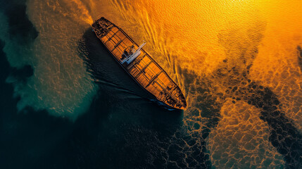 Poster - A ship sailing through an ocean of liquid gold at sunset. --ar 16:9 --style raw --v 6.1 Job ID: c9886952-5224-474a-a37d-933311d8a179