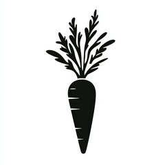 Poster - Stylized Black Silhouette of a Carrot with Green Foliage on White Background, Vector Illustration