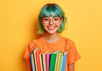 Poster - A young woman with vibrant green and blue hair, wearing black glasses over an orange t-shirt, holding colorful school books while smiling at the camera against a bright yellow background