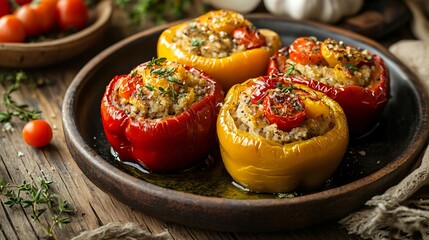 Wall Mural - Stuffed peppers plated on a vintage ceramic dish, with heirloom cherry tomatoes and a drizzle of olive oil, set against a cozy wooden kitchen backdrop