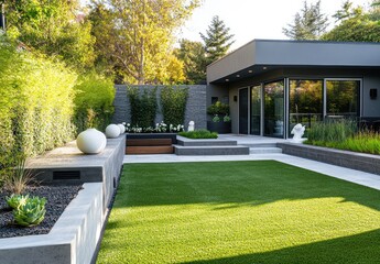 Wall Mural - A modern garden with gray walls and concrete planters, green grass, and white decorative statues in the background of trees