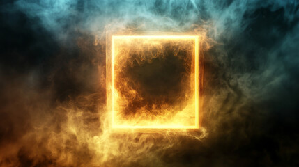 Poster - Neon light rectangle frame with smoke cloud. Realistic 3d with rectangular triple portal or text border with fog on dark background. Gradient color futuristic laser flare box with haze and aura.