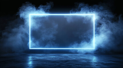 Poster - Neon light rectangle frame with smoke cloud. Realistic 3d with rectangular triple portal or text border with fog on dark background. Gradient color futuristic laser flare box with haze and aura.