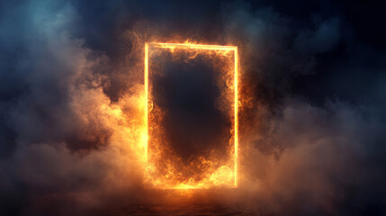Poster - Neon light rectangle frame with smoke cloud. Realistic 3d with rectangular triple portal or text border with fog on dark background. Gradient color futuristic laser flare box with haze and aura.