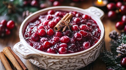 Wall Mural - Cranberry sauce in an ornate holiday-themed dish, with sugared cranberries and cinnamon sticks arranged in a symmetrical pattern