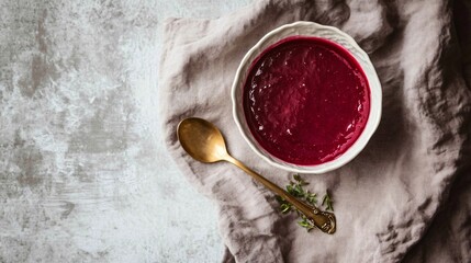 Wall Mural - Deep red cranberry sauce in a vintage white ceramic bowl, placed on a linen napkin with a small golden spoon resting beside it