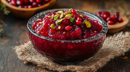 Wall Mural - Gourmet cranberry sauce served in a textured glass bowl, topped with crushed pistachios and pomegranate seeds, on a warm-toned rustic backdrop