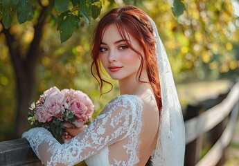 Wall Mural - happy bride in white lace dress with veil and pink flowers holding bouquet leaning on wooden fence, green trees background