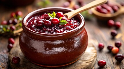 Wall Mural - Rustic cranberry sauce served in a vintage clay pot, with a wooden spoon resting inside and fresh cranberries scattered around