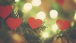 © wannakorn - Decorative Red Hearts Hanging on a Christmas Tree with Soft Bokeh Lights in the Background