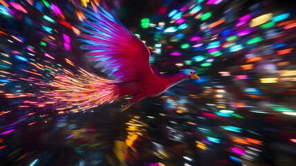 Poster - Bird soaring through a vibrant tunnel of light with colorful floral elements in an imaginative setting