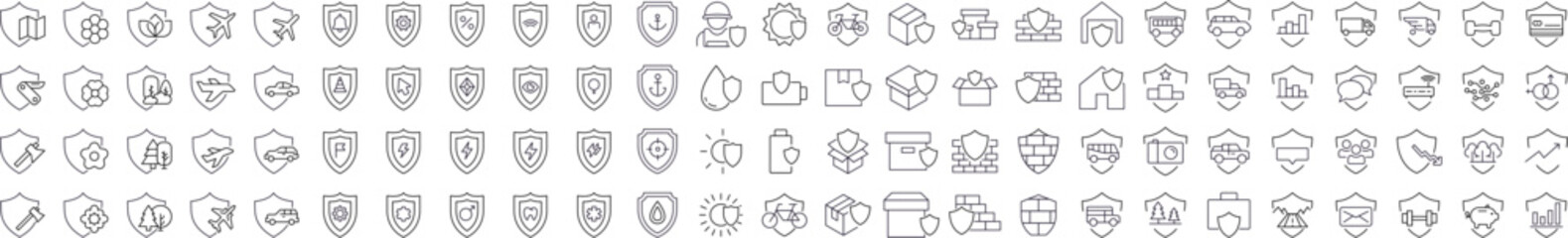 Wall Mural - collection of defence, insurance, protection related line icons. shields with various items outline 