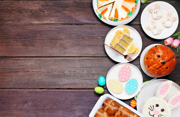 Aufkleber - easter or spring dessert food side border. top down view over a dark wood background. bunny cake, co