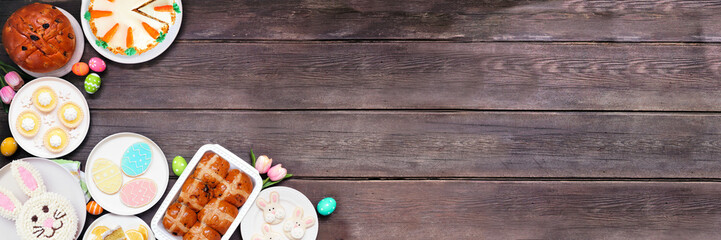 Aufkleber - easter or spring dessert food corner border. above view over a dark wood banner background. bunny ca