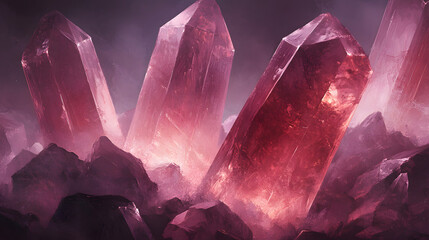 Poster - Artistic rendering of assorted crystals and tulips arranged in a creative composition on a neutral background