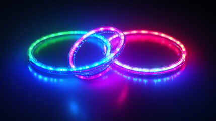 Poster - Neon ring collection - luminous circular frames in blue, red, green and pink colors. Glowing lined geometric shapes with sparkle effect on dark background. Futuristic interface design elements.