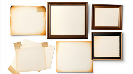 Poster - Empty frames and aged papers creating a vintage mockup on white background