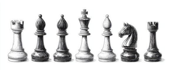 Fototapete - A set of hand-drawn Chess pieces is presented on a white background, including the King, Queen, Bishop, Knight, Rook, and Pawn, with themes of Chess and Check mate