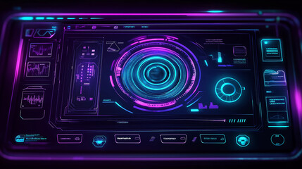 Aufkleber - Futuristic hud showing rotating camera lens with charts and data analysis in neon colors