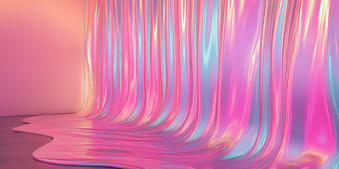 Aufkleber - Iridescent pink and blue curtain flowing onto floor in empty room
