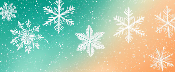 Wall Mural - Snowflakes falling on a turquoise and orange gradient background