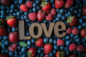 Canvas Print - Love Text Made Of Wood For Valentine's Day Surrounded By Fresh Fruits