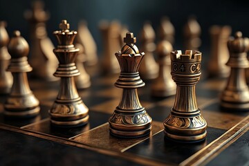 Aufkleber - gold chess pieces set against a black background symbolize a business strategy concept and teamwork 