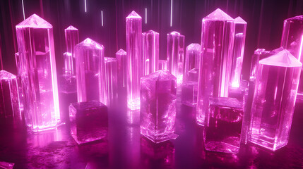 Poster - Group of pink crystals arranged with delicate tulips on a soft surface for artistic display