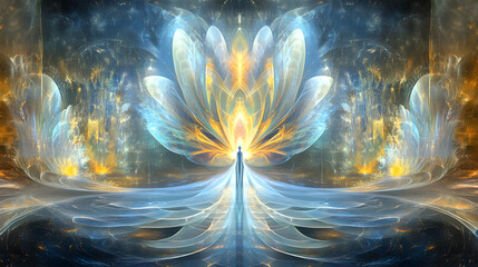 Poster - Large white flower with blue and yellow design on a soft background in a visually striking composition