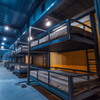 © Vilius - Bunk Bed Fabrication - Welding Metal Frames in Factory - Blue Lit Room with Sleeping Quarters - Industrial Manufacturing