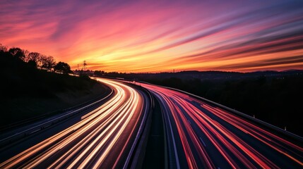 Poster - Vibrant sunset sky over busy highway with illuminated light trails evoking motion and speed