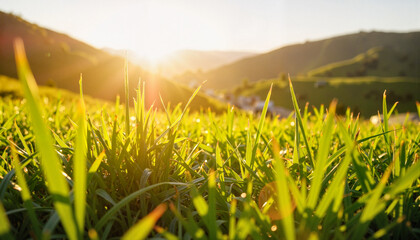 Wall Mural - Sunlight filtering through grass blades on hillside, serene nature