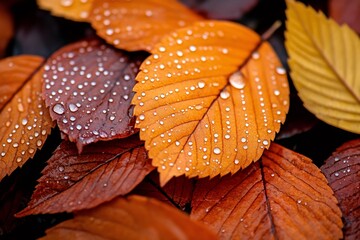 Wall Mural - Vibrant orange autumn leaves covered in sparkling water droplets