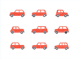 Fototapete - Icônes de voitures rouges en flat design sur fond blanc