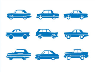 Fototapete - Icônes de voitures bleues en flat design sur fond blanc