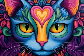 Poster - Colorful cat face painting showing love and nature