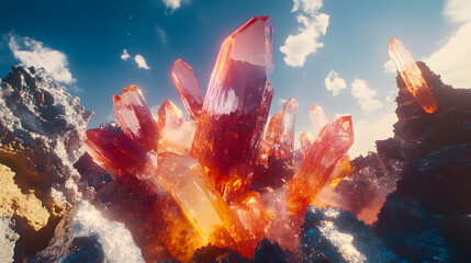 Poster - Large crystal cluster located in mountainous terrain surrounded by green vegetation and natural landscape