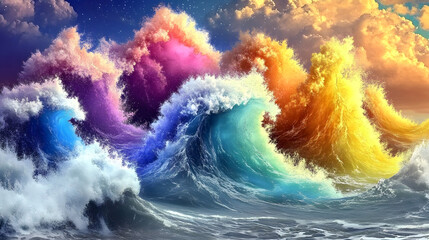 Poster - Rainbow colored wave in the ocean with vibrant colors and dynamic patterns