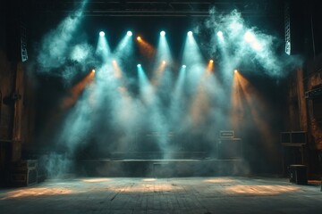 Aufkleber - Empty stage illuminated by colorful spotlights and filled with smoke