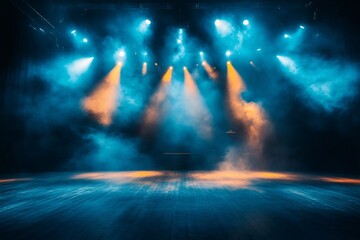 Aufkleber - Empty stage lit with blue and orange lights illuminating smoke