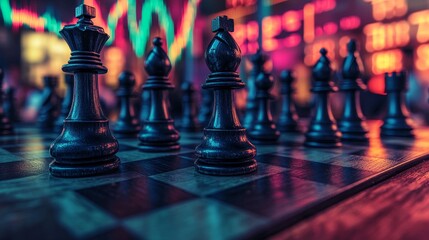 Poster - A chess board is positioned on an office desk in a strategic location, with chess pieces representing business maneuvers set against a background of financial charts and graphs