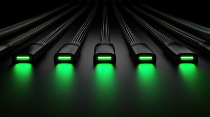 Aufkleber - Illuminated array of sleek black cables with vibrant green light emanating from each connector on dark surface