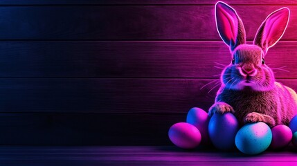Poster - Easter bunny posing with colorful eggs in neon light