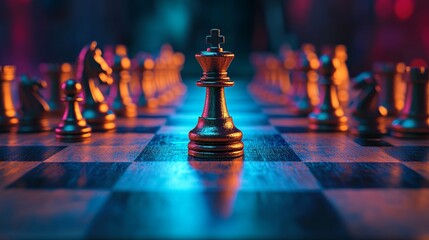 Poster - a holographic chess game is showcased in a close-up shot, featuring blue and orange pieces in a dyna